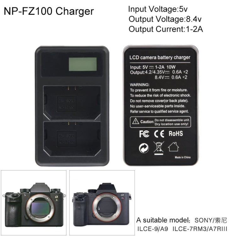 شاحن بطارية بشاشة LCD رقمية ثنائية القناة مع منفذ USB لبطارية Sony NP-FZ100، متوافق مع Sony A9 (ILCE-9)، بطارية NP-FZ100 مزدوجة