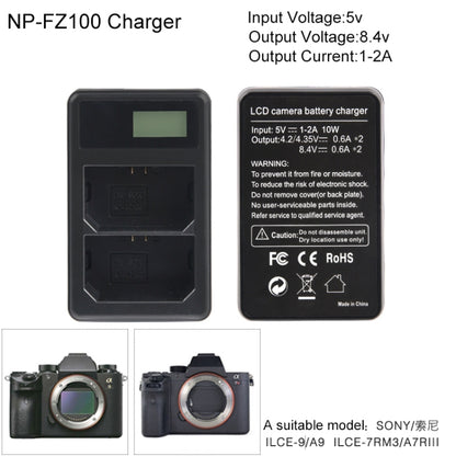 شاحن بطارية بشاشة LCD رقمية ثنائية القناة مع منفذ USB لبطارية Sony NP-FZ100، متوافق مع Sony A9 (ILCE-9)، بطارية NP-FZ100 مزدوجة