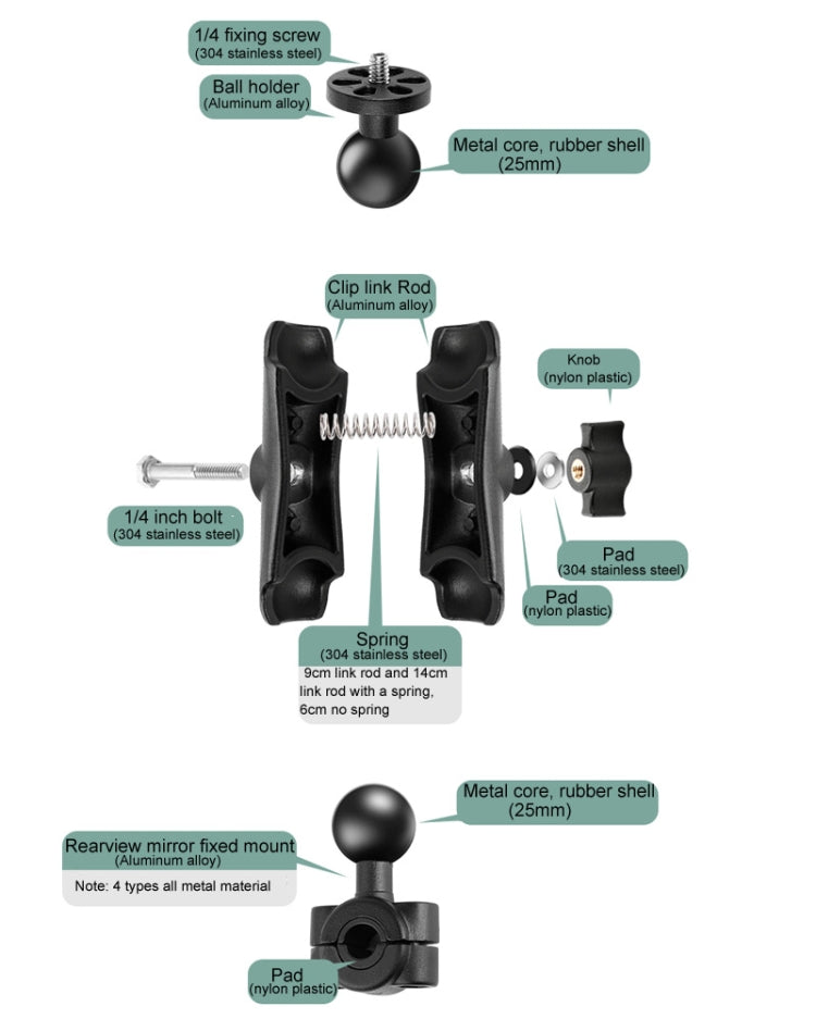 حامل تثبيت ثابت للدراجات النارية برأس كروي مقاس 25 مم مع برغي M10 لكاميرات GoPro وInsta360 وDJI وغيرها من كاميرات الحركة، رأس كروي مقاس 25 مم مع برغي M10