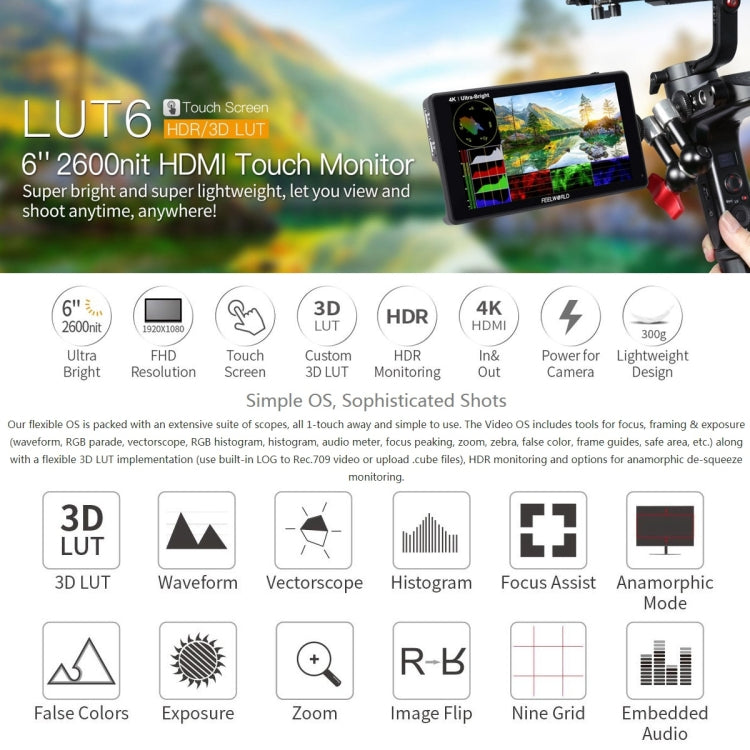 شاشة FEELWORLD LUT6 1920x1080 2600 nits IPS مقاس 6 بوصات HDMI 4K تعمل باللمس وكاميرا مراقبة ميدانية، LUT6
