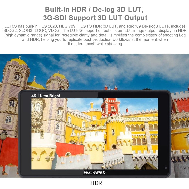 شاشة FEELWORLD LUT6S 1920x1080 2600 nits IPS مقاس 6 بوصات وشاشة لمس HDMI 4K وSDI HDI وكاميرا مراقبة ميدانية، LUT6S