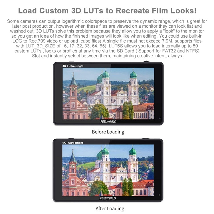 شاشة FEELWORLD LUT6S 1920x1080 2600 nits IPS مقاس 6 بوصات وشاشة لمس HDMI 4K وSDI HDI وكاميرا مراقبة ميدانية، LUT6S