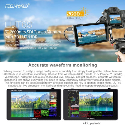 شاشة FEELWORLD LUT6S 1920x1080 2600 nits IPS مقاس 6 بوصات وشاشة لمس HDMI 4K وSDI HDI وكاميرا مراقبة ميدانية، LUT6S