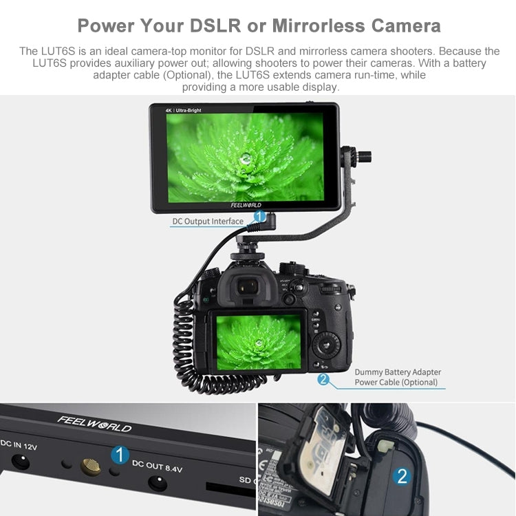 شاشة FEELWORLD LUT6S 1920x1080 2600 nits IPS مقاس 6 بوصات وشاشة لمس HDMI 4K وSDI HDI وكاميرا مراقبة ميدانية، LUT6S