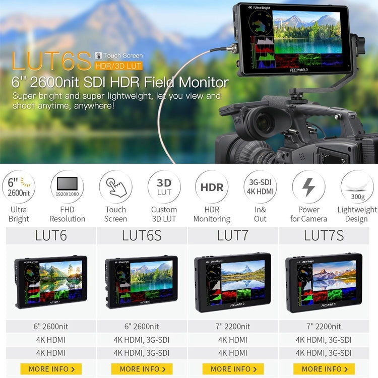 شاشة FEELWORLD LUT6S 1920x1080 2600 nits IPS مقاس 6 بوصات وشاشة لمس HDMI 4K وSDI HDI وكاميرا مراقبة ميدانية، LUT6S