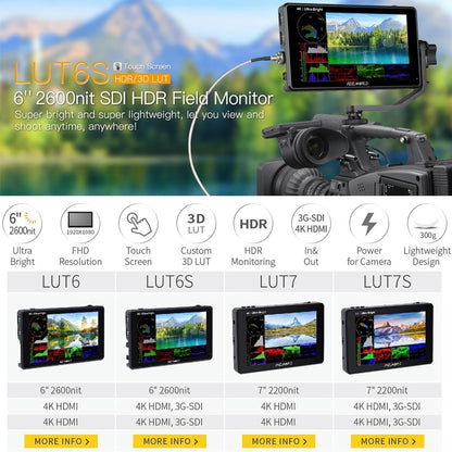 شاشة FEELWORLD LUT6S 1920x1080 2600 nits IPS مقاس 6 بوصات وشاشة لمس HDMI 4K وSDI HDI وكاميرا مراقبة ميدانية، LUT6S