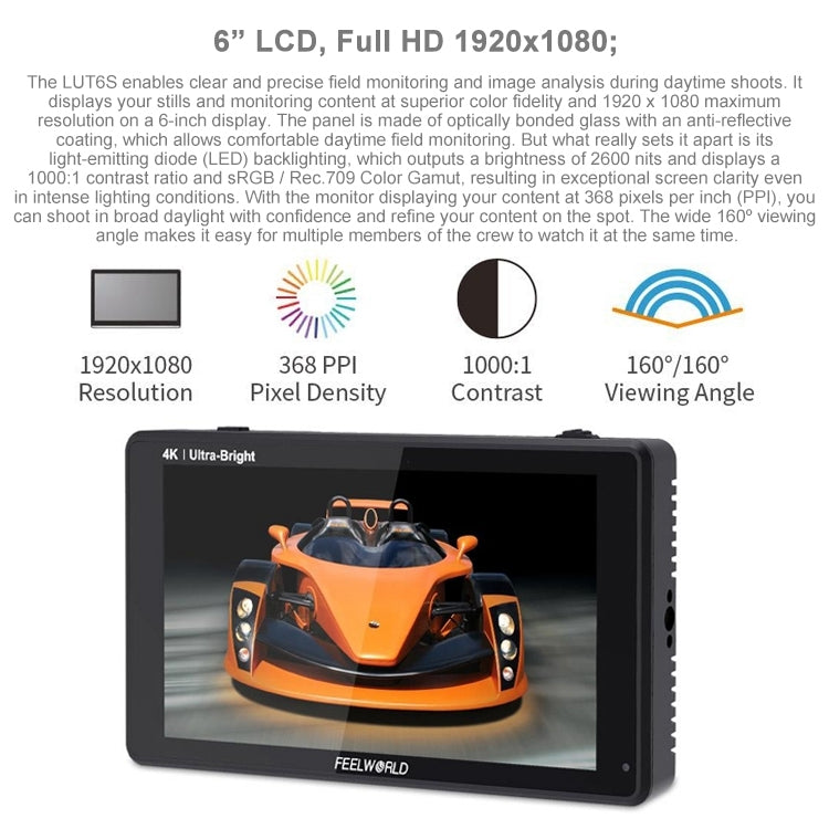 شاشة FEELWORLD LUT6S 1920x1080 2600 nits IPS مقاس 6 بوصات وشاشة لمس HDMI 4K وSDI HDI وكاميرا مراقبة ميدانية، LUT6S
