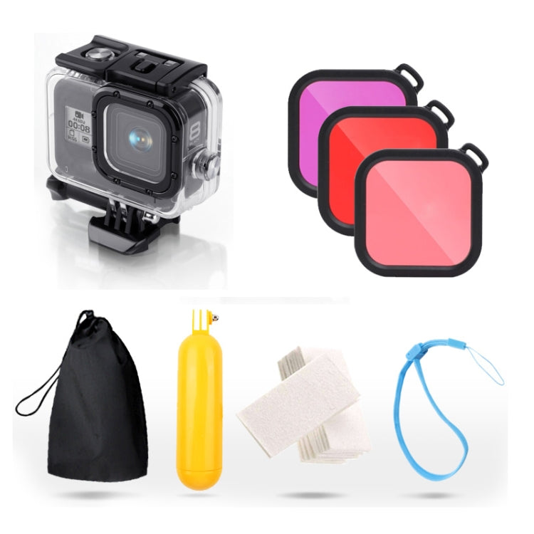 For GoPro HERO8 Black 45m Waterproof Housing Protective Case with Buckle Basic Mount & Screw & (Purple, Red, Pink) Filters & Floating Bobber Grip & Strap & Anti-Fog Inserts, Black HERO8 Case+Filters