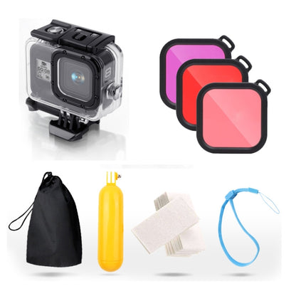 For GoPro HERO8 Black 45m Waterproof Housing Protective Case with Buckle Basic Mount & Screw & (Purple, Red, Pink) Filters & Floating Bobber Grip & Strap & Anti-Fog Inserts, Black HERO8 Case+Filters
