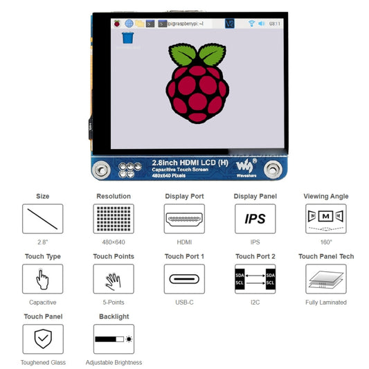شاشة Waveshare مقاس 2.8 بوصة بدقة 480 × 640 HDMI IPS LCD (H) مغلفة بالكامل