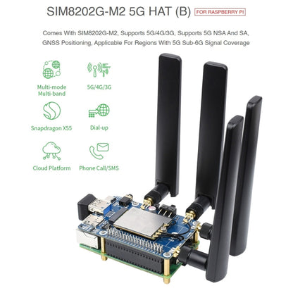 لوحة وحدة Waveshare SIM8202G-M2 5G HAT B متعددة النطاق Snapdragon X55 لـ Raspberry Pi، SIM8202G-M2 5G HAT B