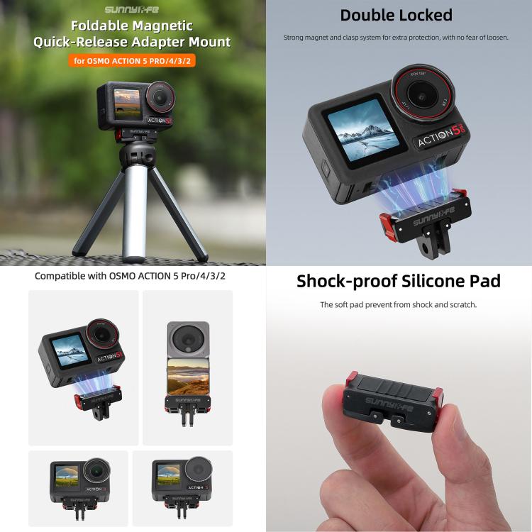 حامل تثبيت مغناطيسي سريع الفك من Sunnylife لكاميرا DJI Osmo Action 5 Pro / 4 / 3 + محول تثبيت بارد مغناطيسي، AD938+AD887