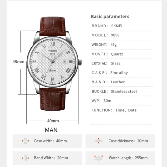 SKMEI 9058 Multifunctional Outdoor Fashion Waterproof Silver Shell Quartz Wrist Watch