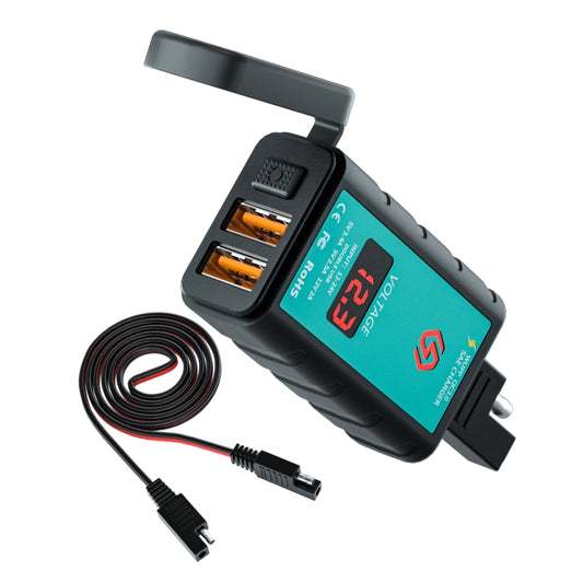 WUPP ZH-1422A2 DC12-24V Motorcycle Square Dual USB Fast Charging Charger with Switch + Voltmeter + Integrated SAE Socket + 1m SAE Socket Cable, ZH-1422A2