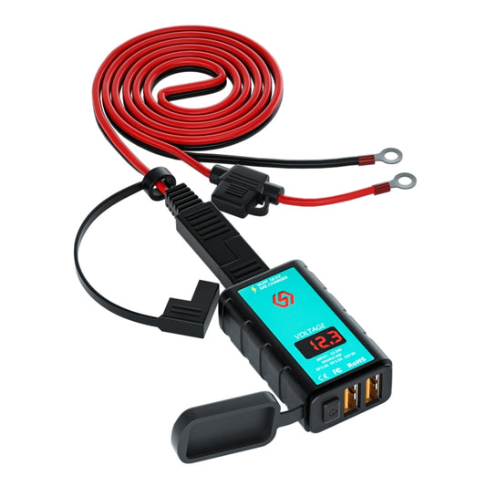 WUPP ZH-1422A3 DC12-24V Motorcycle Square Dual USB Fast Charging Charger with Switch + Voltmeter + Integrated SAE Socket + 1.4m OT Terminal Cable, ZH-1422A3
