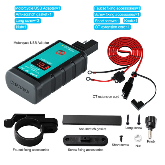 WUPP ZH-1422A3 DC12-24V Motorcycle Square Dual USB Fast Charging Charger with Switch + Voltmeter + Integrated SAE Socket + 1.4m OT Terminal Cable, ZH-1422A3