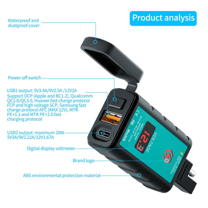 WUPP ZH-1422B1 DC12-24V Motorcycle Square Single USB + PD Fast Charging Charger with Switch + Voltmeter + Integrated SAE Socket, ZH-1422B1