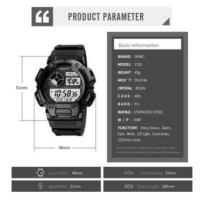 SKMEI 1723 Dual Time LED Digital Display Timing Luminous Electronic Watch