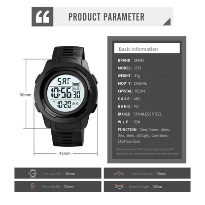 SKMEI 1731 Triplicate Round Dial LED Dual Time Digital Display Luminous Electronic Watch