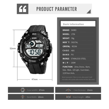 SKMEI 1756 Dual Time Countdown Alarm Clock Men Sports Luminous Electronic Watch