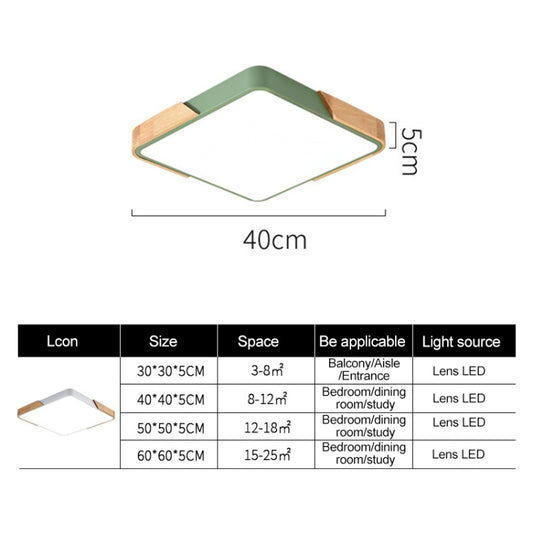 Wood Macaron LED Square Ceiling Lamp, 3-Colors Light, 30cm, 40cm, 50cm, 60cm