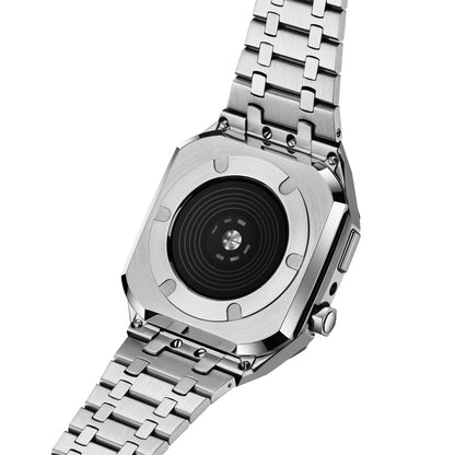 سوار ساعة معدني من خشب البلوط مدمج مع علبة ساعة لسلسلة ساعات Apple Watch Series 7 مقاس 45 مم