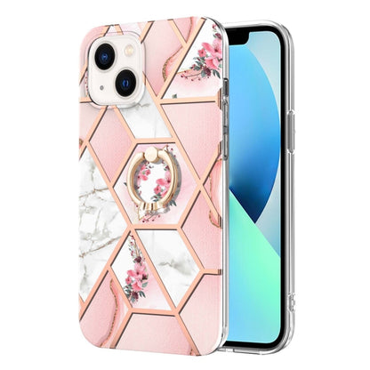 جراب TPU مقاوم للصدمات بنمط زهرة رخامية مطلية بالكهرباء مع حامل حلقي من حجر الراين، لهاتف iPhone 14، وiPhone 14 Plus، وiPhone 14 Pro، وiPhone 14 Pro Max