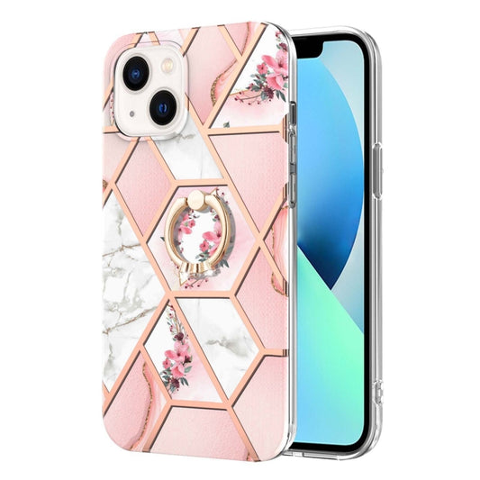 جراب TPU مقاوم للصدمات بنمط زهرة رخامية مطلية بالكهرباء مع حامل حلقي من حجر الراين، لهاتف iPhone 14، وiPhone 14 Plus، وiPhone 14 Pro، وiPhone 14 Pro Max