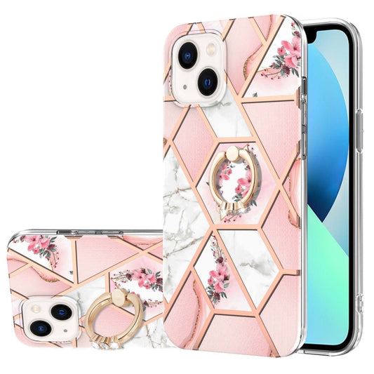 جراب TPU مقاوم للصدمات بنمط زهرة رخامية مطلية بالكهرباء مع حامل حلقي من حجر الراين، لهاتف iPhone 14، وiPhone 14 Plus، وiPhone 14 Pro، وiPhone 14 Pro Max