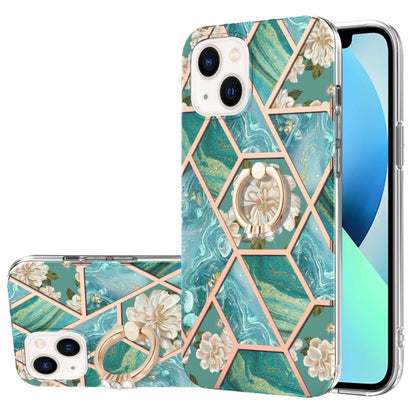 جراب TPU مقاوم للصدمات بنمط زهرة رخامية مطلية بالكهرباء مع حامل حلقي من حجر الراين، لهاتف iPhone 14، وiPhone 14 Plus، وiPhone 14 Pro، وiPhone 14 Pro Max