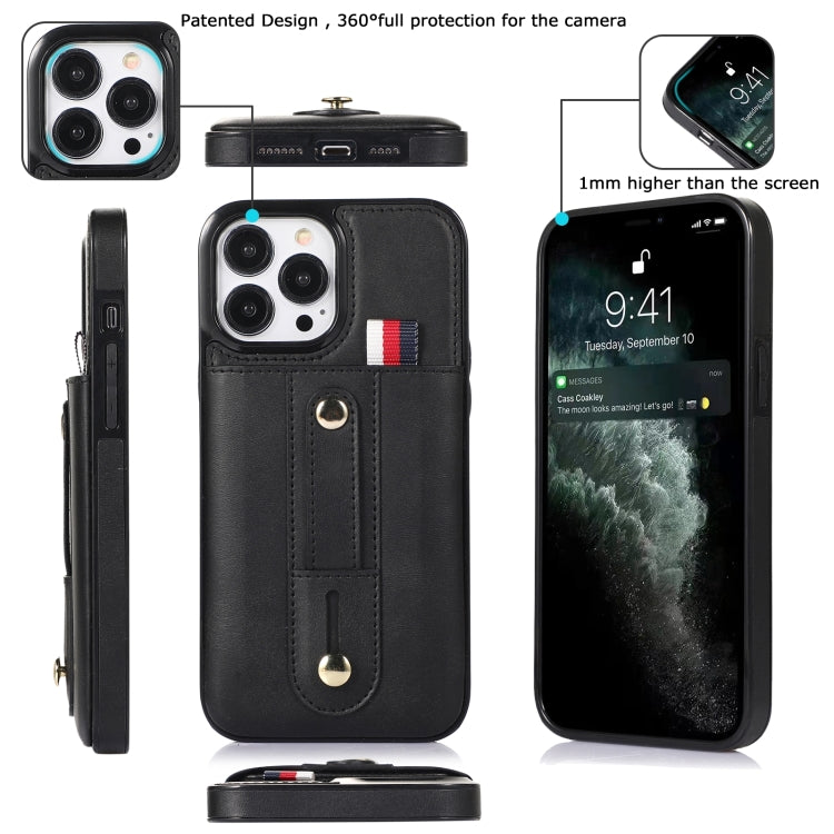 جراب هاتف جلدي بمسند مع سوار معصم، مناسب لأجهزة iPhone 14 Pro Max وiPhone 14 Pro وiPhone 14 وiPhone 14 Plus