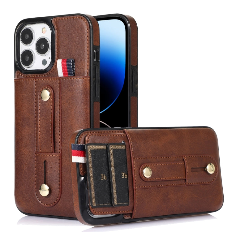 جراب هاتف جلدي بمسند مع سوار معصم، مناسب لأجهزة iPhone 14 Pro Max وiPhone 14 Pro وiPhone 14 وiPhone 14 Plus