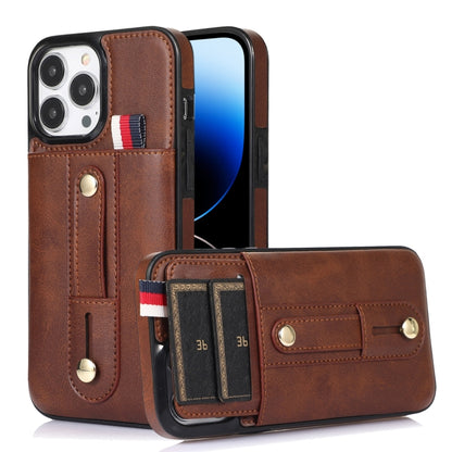 جراب هاتف جلدي بمسند مع سوار معصم، مناسب لأجهزة iPhone 14 Pro Max وiPhone 14 Pro وiPhone 14 وiPhone 14 Plus