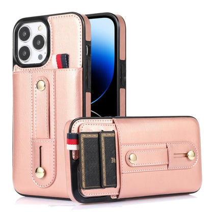 جراب هاتف جلدي بمسند مع سوار معصم، مناسب لأجهزة iPhone 14 Pro Max وiPhone 14 Pro وiPhone 14 وiPhone 14 Plus