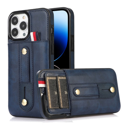 جراب هاتف جلدي بمسند مع سوار معصم، مناسب لأجهزة iPhone 14 Pro Max وiPhone 14 Pro وiPhone 14 وiPhone 14 Plus