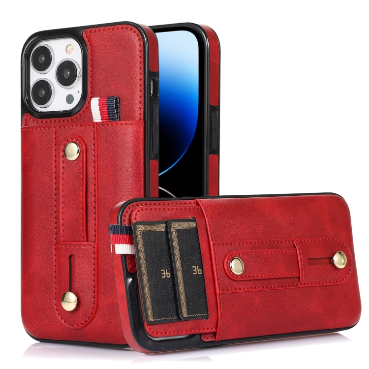 جراب هاتف جلدي بمسند مع سوار معصم، مناسب لأجهزة iPhone 14 Pro Max وiPhone 14 Pro وiPhone 14 وiPhone 14 Plus