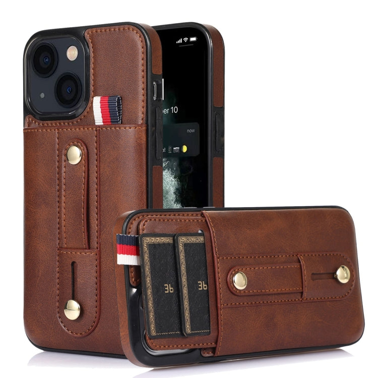 جراب هاتف جلدي بمسند مع سوار معصم، مناسب لأجهزة iPhone 14 Pro Max وiPhone 14 Pro وiPhone 14 وiPhone 14 Plus