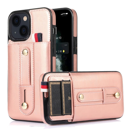 جراب هاتف جلدي بمسند مع سوار معصم، مناسب لأجهزة iPhone 14 Pro Max وiPhone 14 Pro وiPhone 14 وiPhone 14 Plus