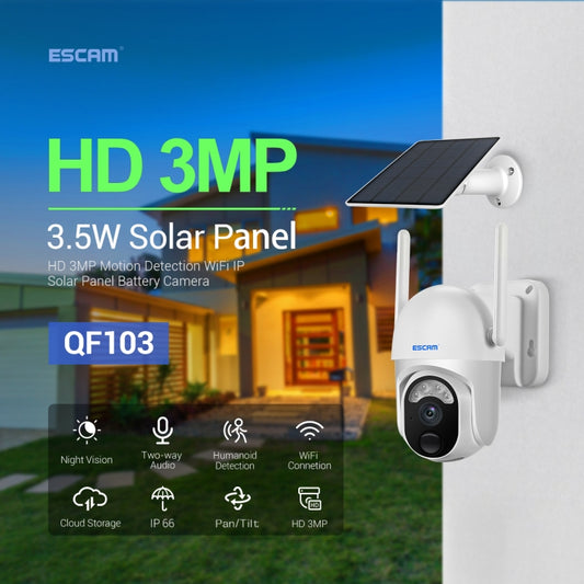 كاميرا ESCAM QF103 3MP للتخزين السحابي PT WIFI PIR إنذار IP مع بطارية تعمل بالطاقة الشمسية تدعم الرؤية الليلية بالألوان الكاملة والصوت ثنائي الاتجاه، QF103