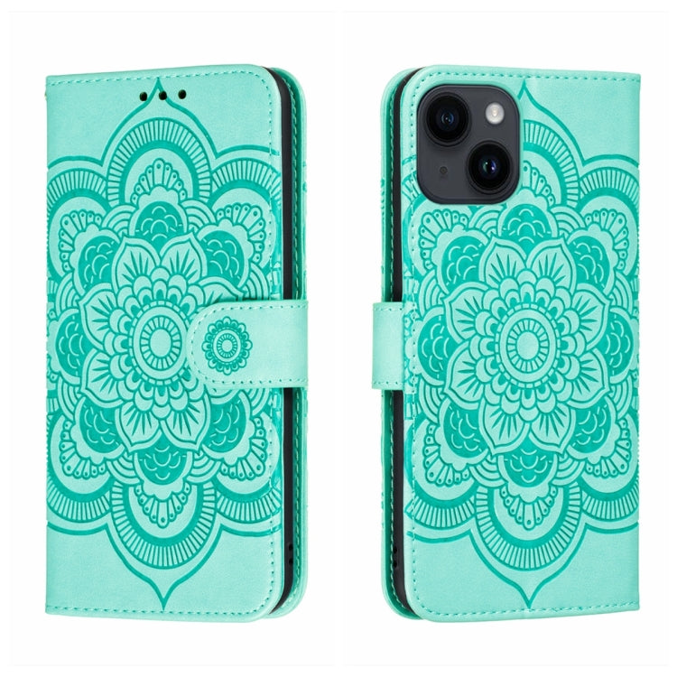 جراب هاتف جلدي منقوش عليه ماندالا الشمس، مناسب لأجهزة iPhone 14 / 13، وiPhone 14 Plus، وiPhone 14 Pro، وiPhone 14 Pro Max