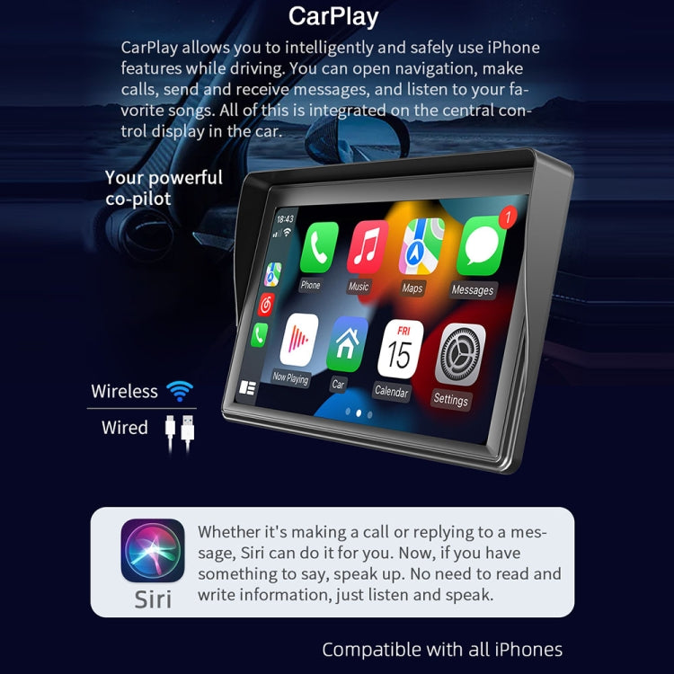 مشغل وسائط متعددة لاسلكي CarPlay مقاس 7 بوصات بدقة 1080 بكسل وشاشة لمس IPS وMP5 وشاشة بلوتوث، B600W