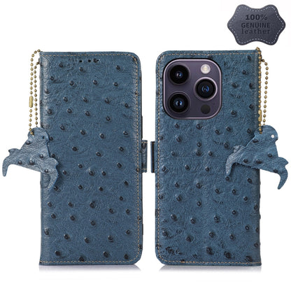 Ostrich Pattern Genuine Leather RFID Phone Case, For iPhone 15 Pro Max, For iPhone 15 Pro, For iPhone 15 Plus, For iPhone 15, For iPhone 14 Plus, For iPhone 14, For iPhone 14 Pro, For iPhone 14 Pro Max