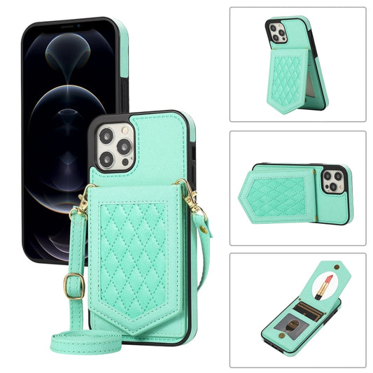 Rhombic Texture RFID Phone Case with Lanyard & Mirror, For iPhone 12 / 12 Pro, For iPhone 12 mini, For iPhone 11 Pro Max, For iPhone 11 Pro, For iPhone 11, For iPhone SE 2022 / SE 2020 / 8 / 7, For iPhone 8 Plus / 7 Plus, For iPhone 6s Plus / 6 Plus���...
