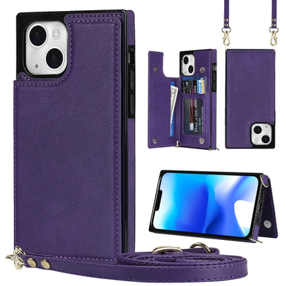 Cross-body Square Dual-Buckle Card Flip Wallet Phone Case, For iPhone 14, For iPhone 14 Plus, For iPhone 14 Pro, For iPhone 14 Pro Max
