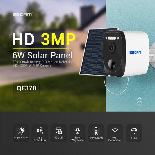 كاميرا ESCAM QF370 3MP للتخزين السحابي PT WIFI تعمل بالطاقة الشمسية IP مع إنذار PIR ودعم الرؤية الليلية والصوت ثنائي الاتجاه، QF370