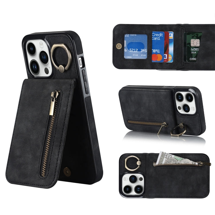 جراب هاتف بتصميم ريترو مع حلقة وسحاب وفتحة لبطاقة RFID، مناسب لأجهزة iPhone 14 وiPhone 14 Plus وiPhone 14 Pro وiPhone 14 Pro Max