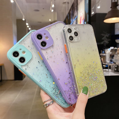 جراب هاتف TPU لامع متدرج الألوان مرصع بالنجوم، مناسب لأجهزة iPhone XS / X، iPhone XR، iPhone XS Max، iPhone 8 Plus / 7 Plus، iPhone 6s Plus / 6 Plus، iPhone 6s / 6
