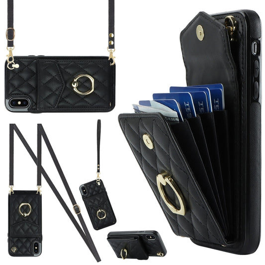 Rhombic Texture Card Bag Phone Case with Long Lanyard, For iPhone XS Max