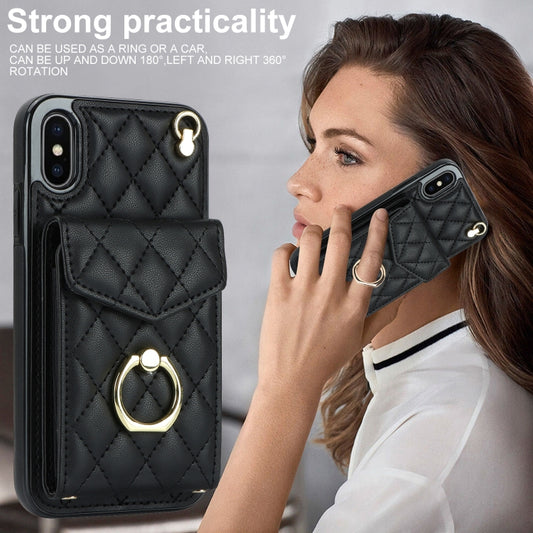 Rhombic Texture Card Bag Phone Case with Long Lanyard, For iPhone XS Max