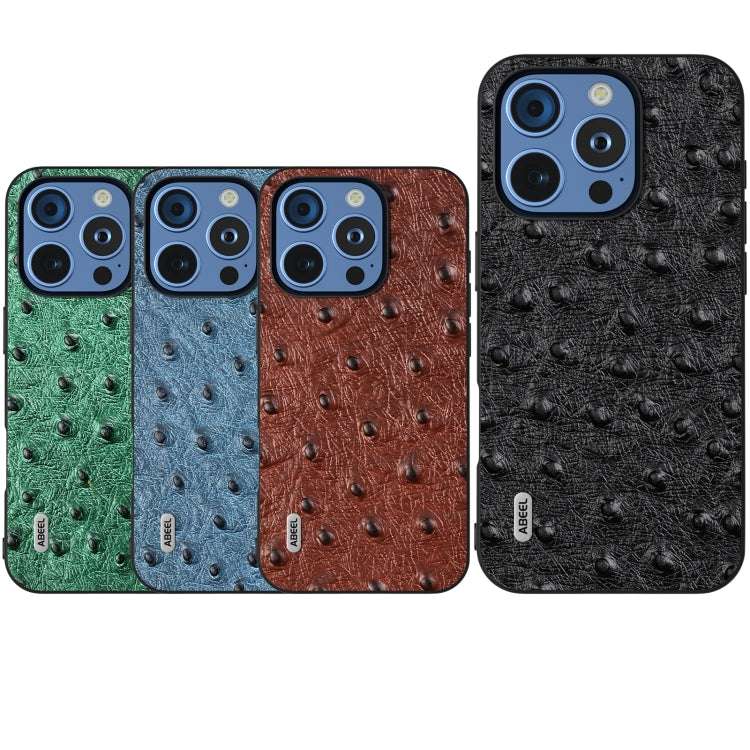 ABEEL Genuine Leather Ostrich Texture Phone Case, For iPhone 16 Pro Max, For iPhone 16 Pro, For iPhone 16 Plus, For iPhone 16, For iPhone 15 Pro Max, For iPhone 15 Pro